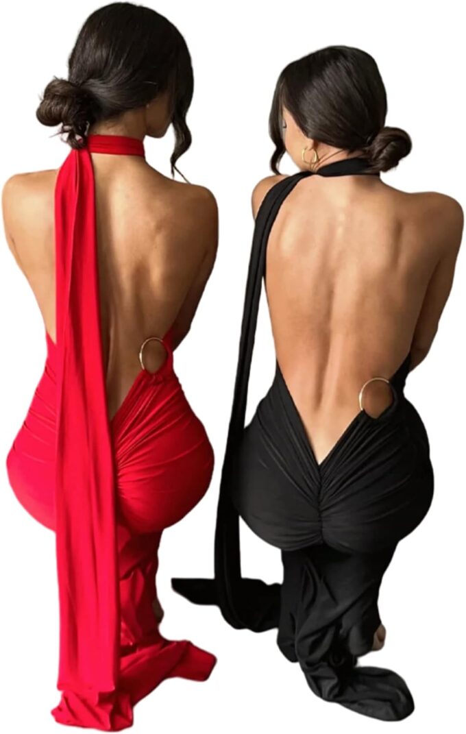 Women's Sexy One Shoulder Backless Maxi Dress Elegant Ruched O Ring Sleeveless Evening Dress Long Gown Cocktail Dress – Bild 4