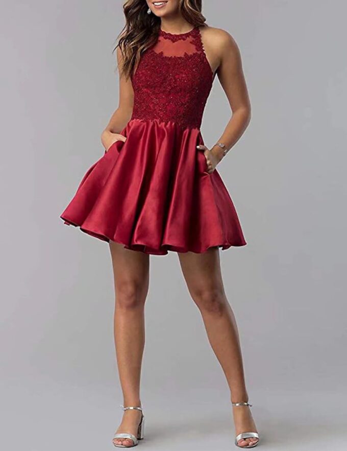 Women's Homecoming Dresses Satin Cocktail Dresses with Pockets for Teens Halter Applique Lace Short Prom Dresses – Bild 4