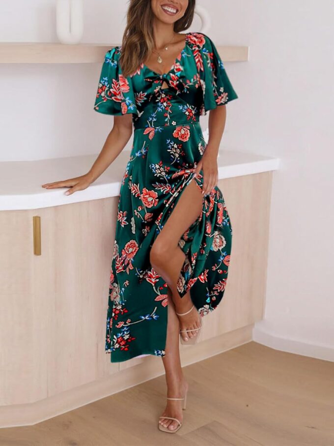 Fashionme Womens Dresses 2025 Maxi Dresses Deep V Neck Elegant Bow Tie Front Cap Sleeve Summer Floral Satin Smocked Dress – Bild 4