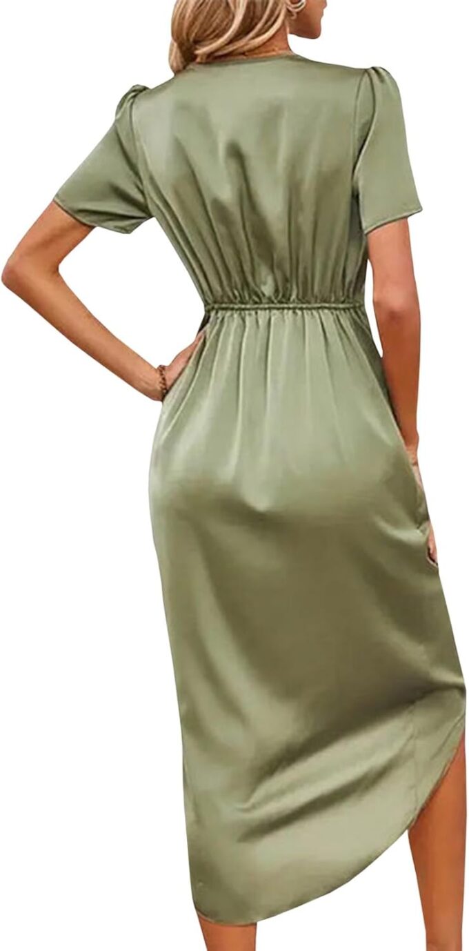 Sexyshine Women's Wrap V Neck Short Sleeve Satin Midi Dress Split Hem Ruched Pleated Formal Evening Party Dresses – Bild 2