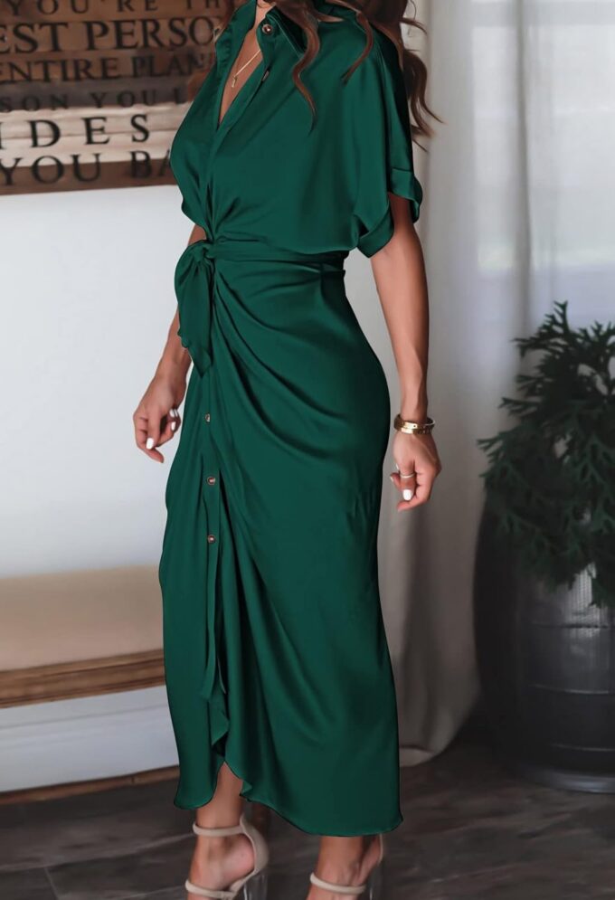 Women Elegant Satin Button Down Short Sleeve Maxi Shirt Dress with Belt – Bild 6