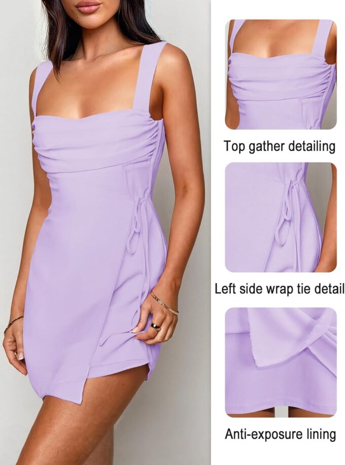 Women's Sexy Square Neck Dress Sleeveless Elegant Ruched Mesh Short Dress Party Club Mini Dresses for Women – Bild 3