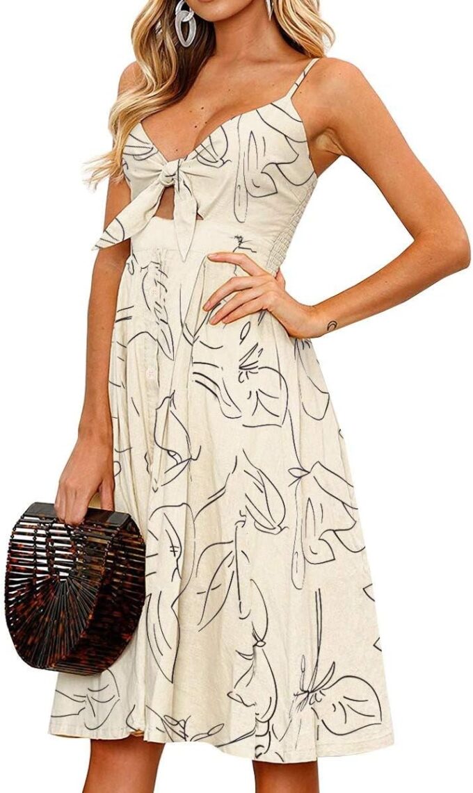 FANCYINN Womens Tie Front Button Down A-Line Dresses Summer Spaghetti Strap Midi Dress Floral Prints – Bild 7