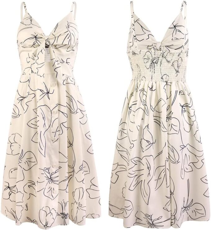 FANCYINN Womens Tie Front Button Down A-Line Dresses Summer Spaghetti Strap Midi Dress Floral Prints – Bild 5