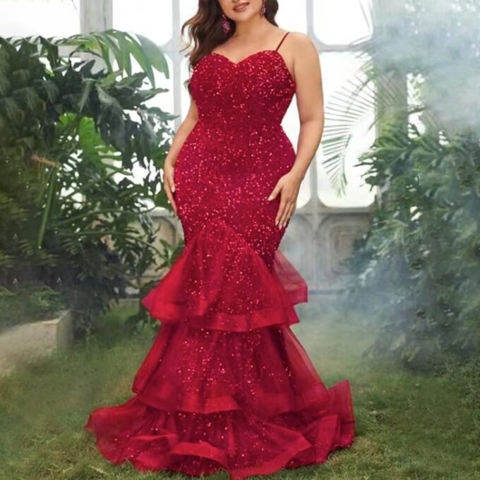 Women Sexy Sleeveless Sequin Mesh Patchwork Maxi Dress Red Plus Size Sling Cocktail Party Formal Gowns – Bild 2