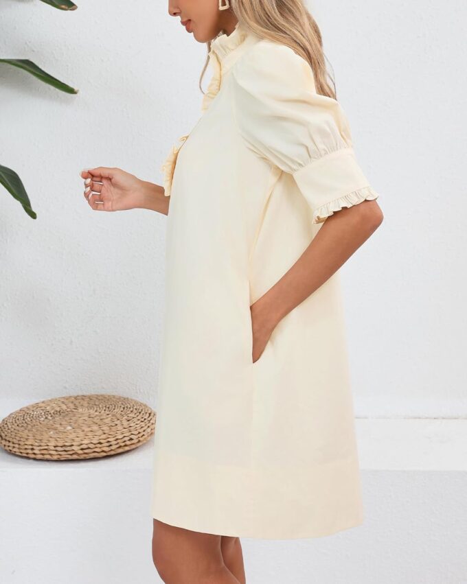 Women's Puff Short Sleeve Stand Ruffle Collar Summer Dress Casual A Line Shift Mini Dress with Pockets – Bild 5