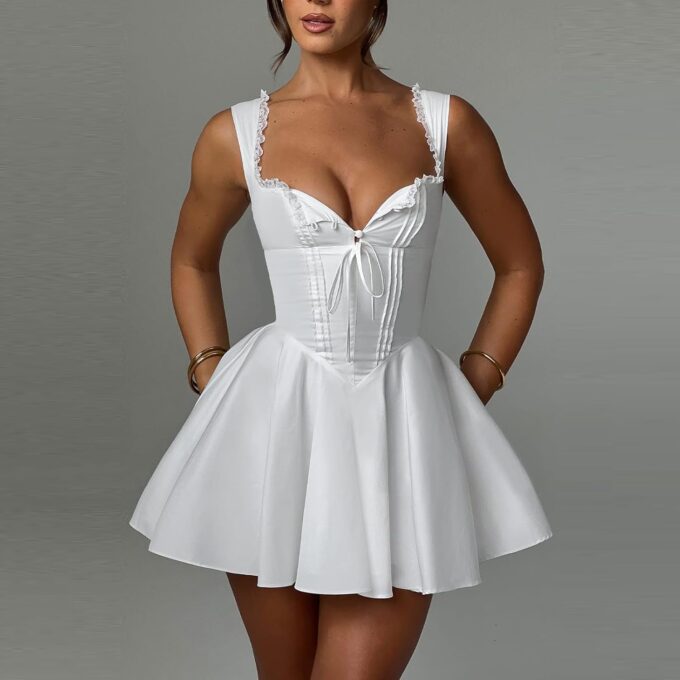 Women's Y2k Mini Corset Dress Deep V Neck Sleeveless Backless Ruffle Hem Dress Lace Trim A-Line Beach Sundress – Bild 3