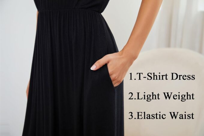 Women's 2025 Summer Short Sleeve Empire High Waist Long Maxi Dress with Pockets – Bild 5