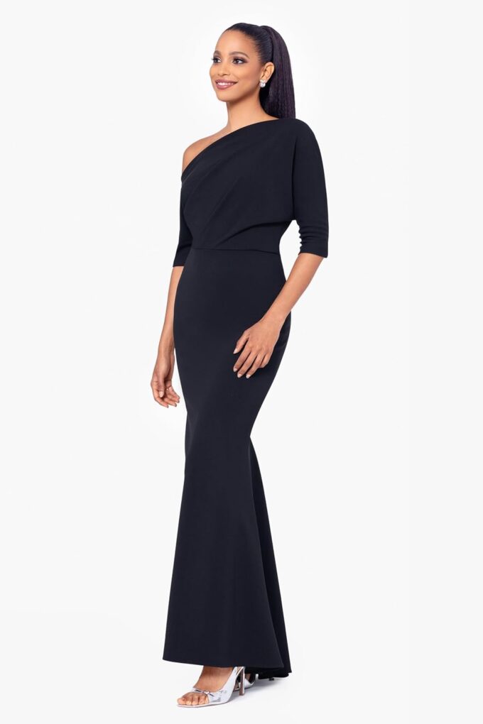 Betsy & Adam Women's Long One Sleeve Off Shoulder Scuba Crepe Sheath Gown – Bild 2