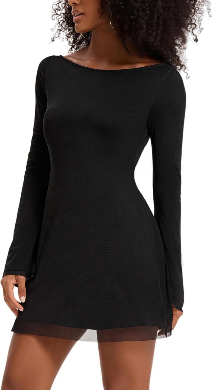 Topcloset Womens Bodice Dress Long Sleeve Dress Backless Flare Mini Dresses Going Out Party Club Dress – Bild 3