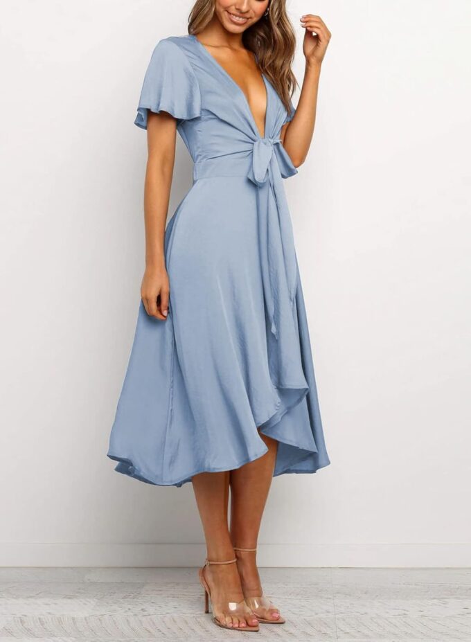 miduo Womens Satin V Neck Ruffle Short Sleeve Tie Front High Waist Midi A-Line Maxi Dresses – Bild 4