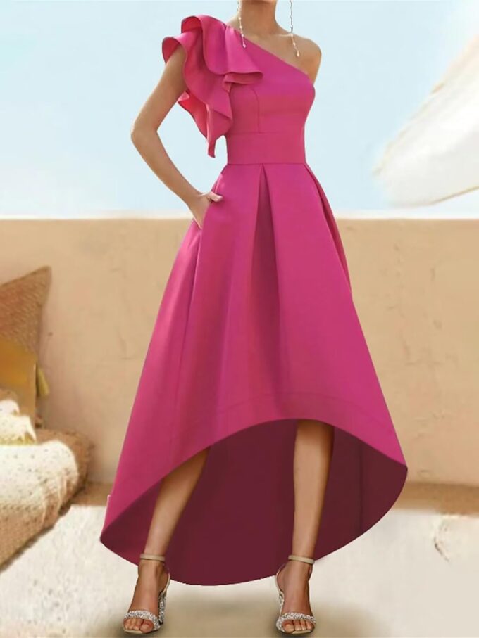 Modest Long Flowy Homecoming Dresses for Teens Fall High Low A Line One Shoulder Ruffle Satin Cocktail Dress – Bild 3