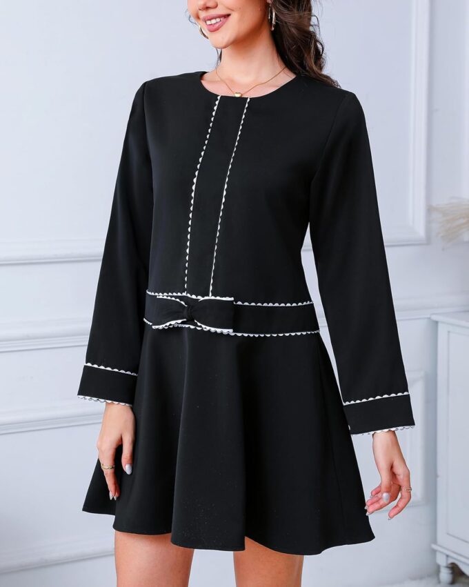 Kedera Women's Bow Mini Dress Long Sleeve Ruffled Dress Crew Neck Lace Dress Elegant Cocktail Party Dress – Bild 3