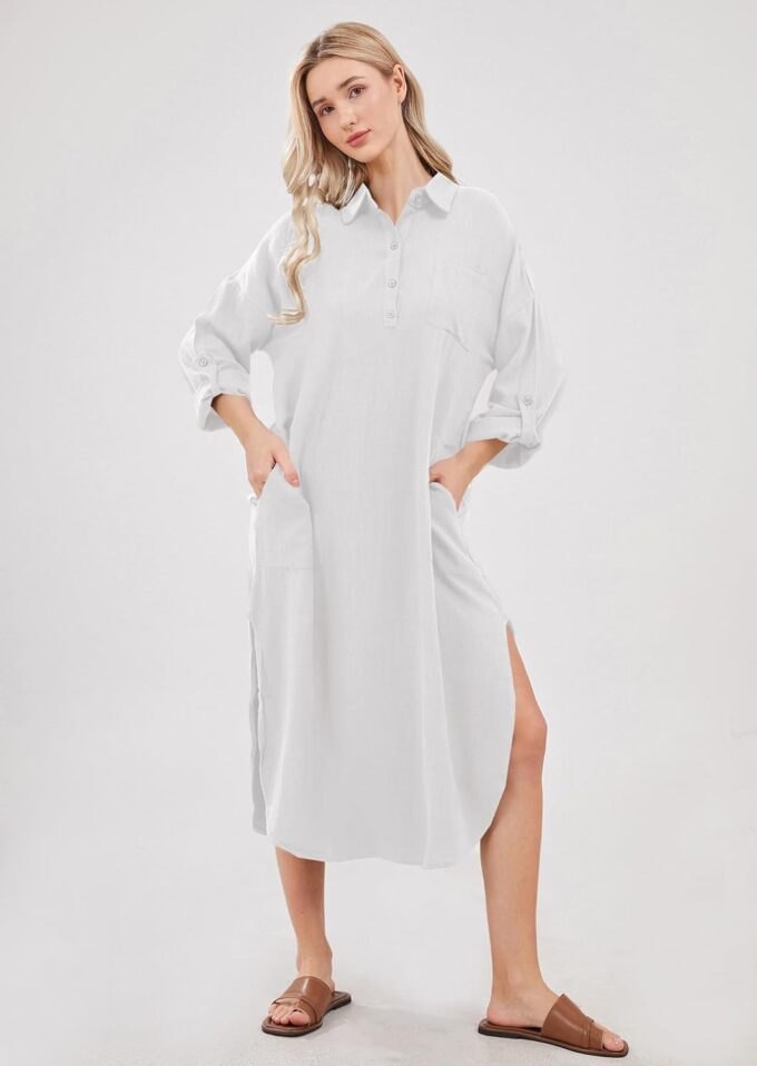 utcoco Womens Casual Loose Cotton Linen Long Shirt Dress Lapel Button Cuffed Sleeve Side Split Dresses with Pockets – Bild 8