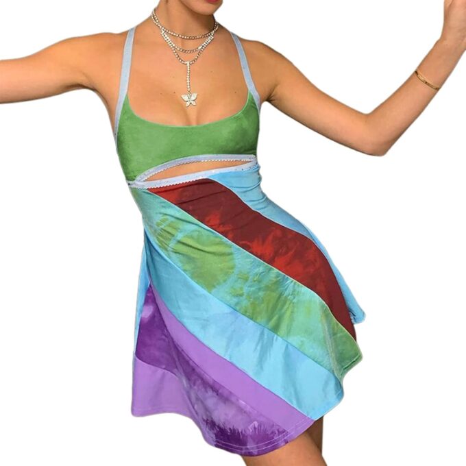 Women’s Bodycon Mini Dress Y2K Halter Backless Sundress Slim Fit Sleeveless Patchwork Printing Streetwear – Bild 2