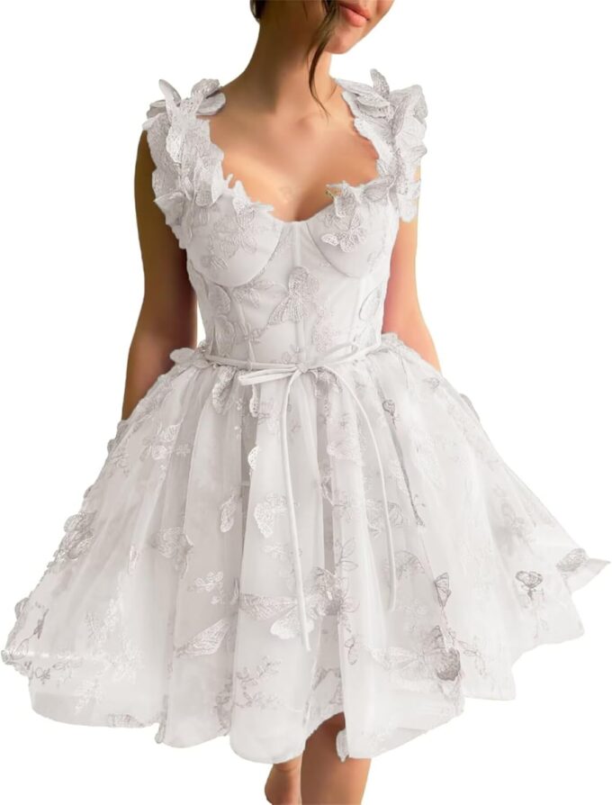 KDTM 3D Butterfly Tulle Homecoming Dresses Short Spaghetti Straps Mini Prom Dress Sweetheart Cocktail Party Gowns