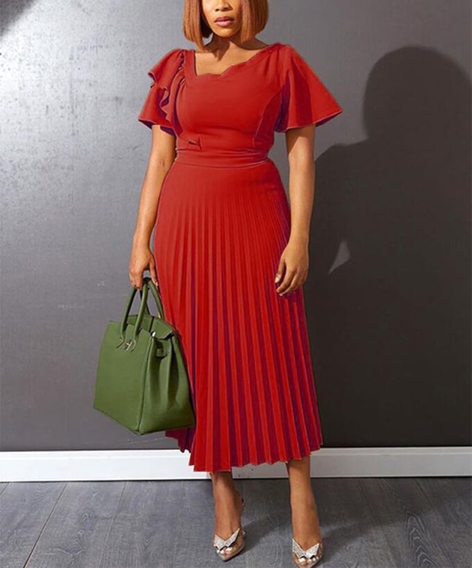 AOMEI Women's Short Sleeve Asymmetrical Ruffles High Waist Pleated Hem Midi Spring Dress – Bild 2