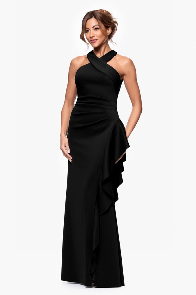 Xscape Women's Scuba Cross Neck Ruffle Floor Length Dress – Bild 2