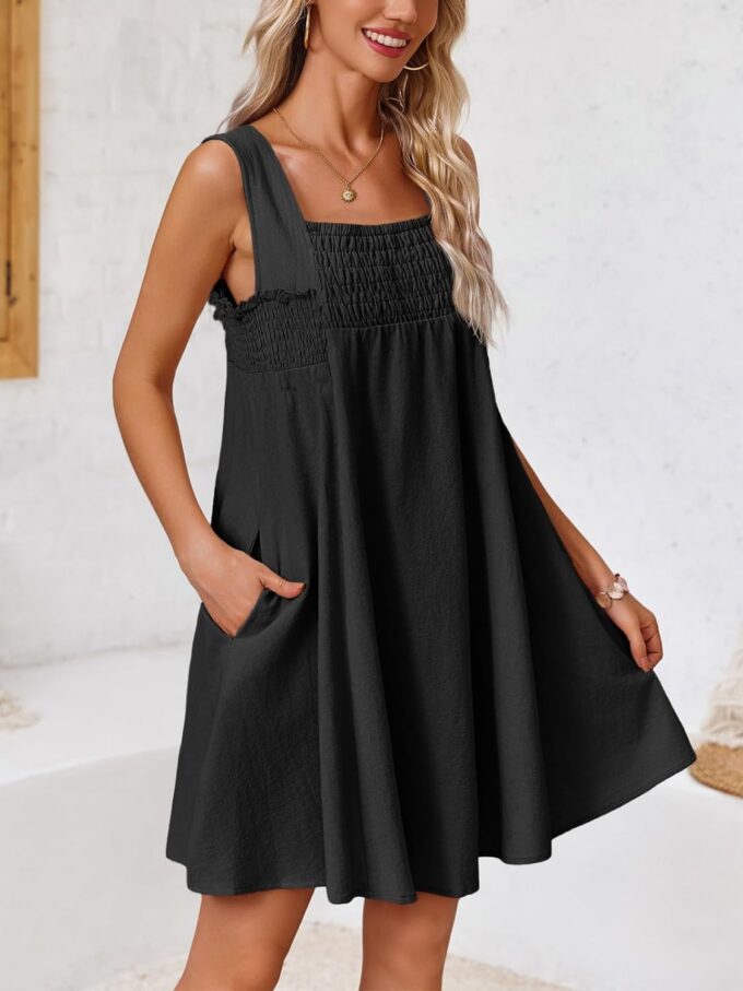 Fisoew Women 's Summer Casual Sleeveless Mini Dress Square Neck Smocked Swing Loose Babydoll Dress – Bild 3