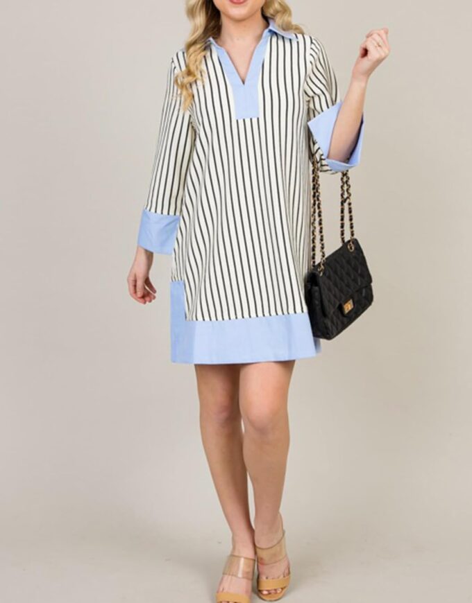 Kedera Women's Summer Striped Dress Long Sleeve V Neck Collared Shirt Mini Dresses 2025 Trendy with Side Slit – Bild 6