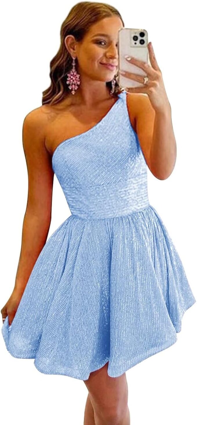 One Shoulder Short Sequin Homecoming Dresses for Teens 2024 Sparkly HOCO Prom Dress with Pockets