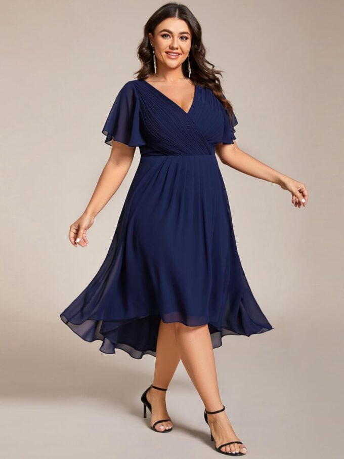 Ever-Pretty A Line V Neck Chiffon Short Sleeves High Low Knee Length Plus Size Wedding Guest Dresses for Curvy Women 01923-DA – Bild 3
