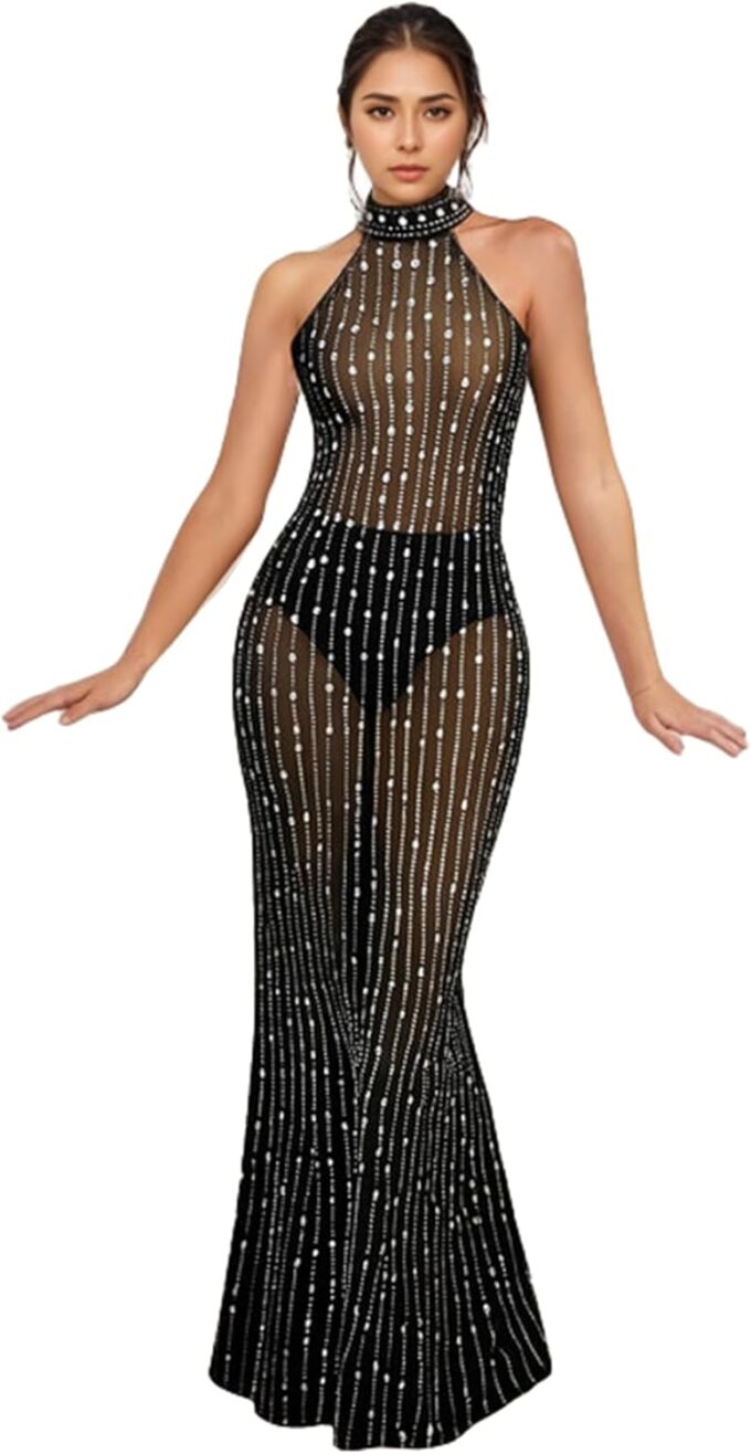 PORRCEY Women Sexy Elegant Rhinestone Mesh See Through Evening Dresses Party Club Night Clubwear