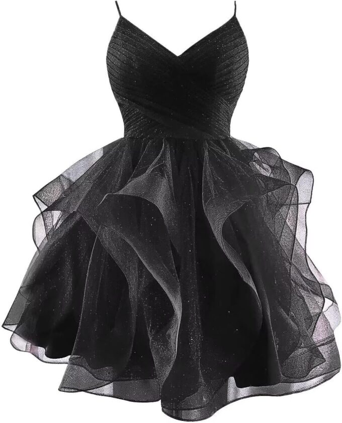 Glitter Tulle Homecoming Dresses for Teens 2025 Short Spaghetti Straps V Neck Tiered Prom Dress Ruffle Cocktail Gown