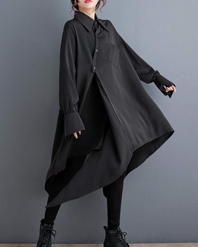 ellazhu Women's Oversized Solid Color Long Sleeve Back Slit Flowy Irregular Hem Shirt GZ150 – Bild 2