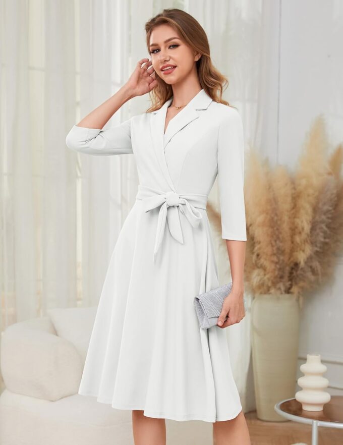 Meetjen Women's V-Neck Formal Dresses 3/4 Sleeve Modest Church Fit and Flare Cocktail Dress for Wedding Guest – Bild 2