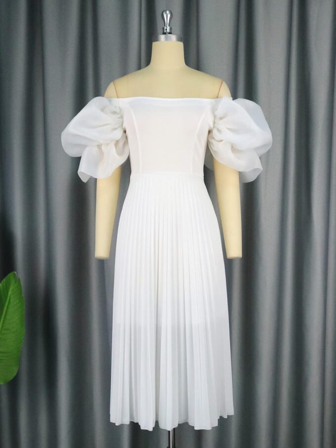 ONTINVA Women's Boat Neck Puff Short Lantern Sleeves High Waist White Dress Pleated Cocktail Party Dresses Gown – Bild 4