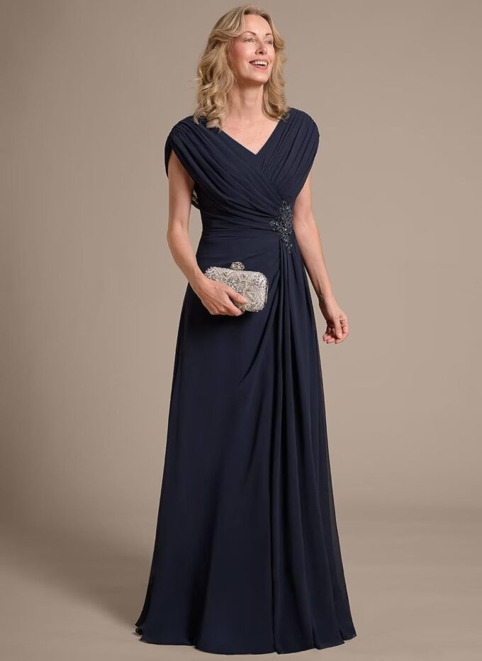 Miao Duo Women's Cap Sleeves Mother of The Bride Dress 2025 Chiffon Long Ruched A Line Formal Dresses YZTS122 – Bild 4