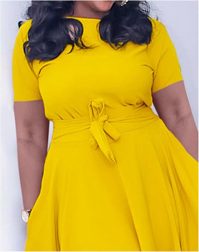SEMATOMALA Damen-Maxikleid in A-Linie, selbstbindend, Rundhalsausschnitt, 3/4-Ärmel, hohe Taille, Übergröße, Swing-Flare, lange Kleider – Bild 4