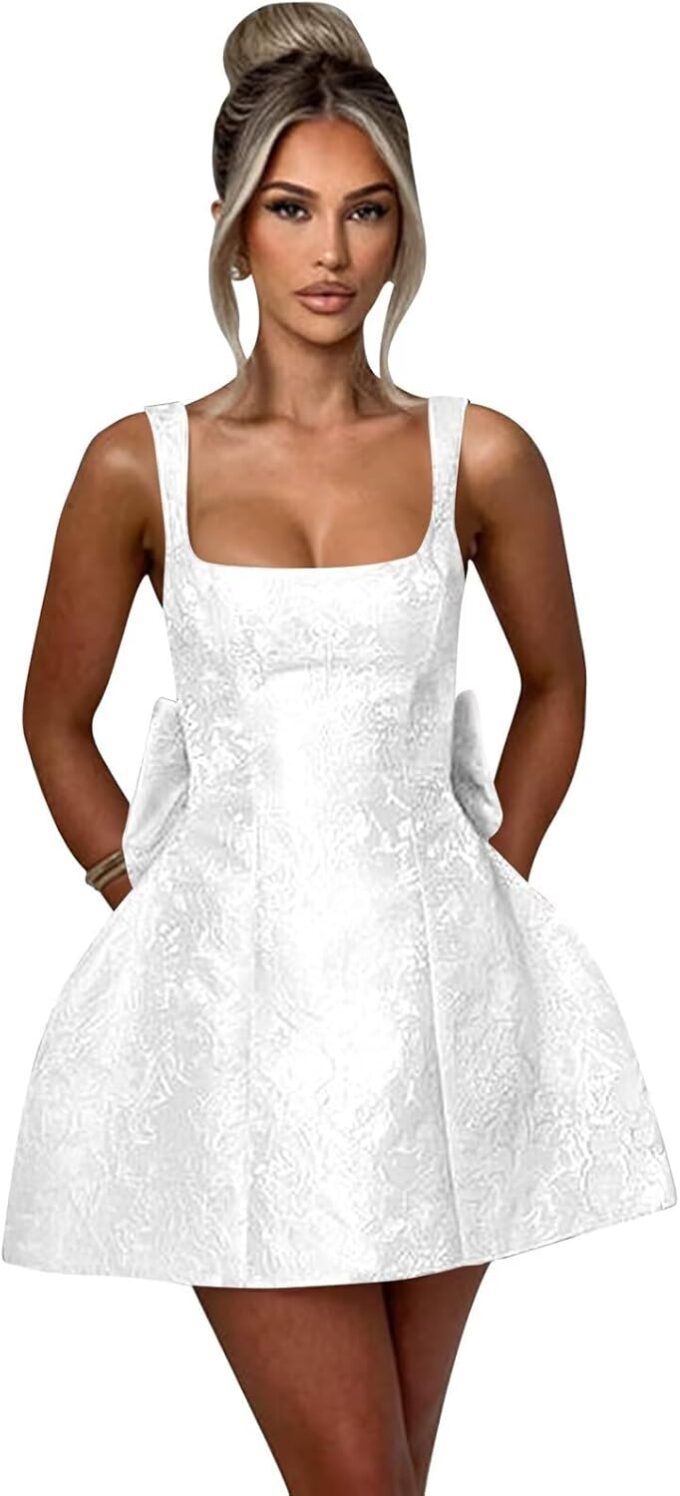 Jacquard Satin Homecoming Dresses Square Neck Mini Bow Dress Short Prom Cocktail Party Gowns