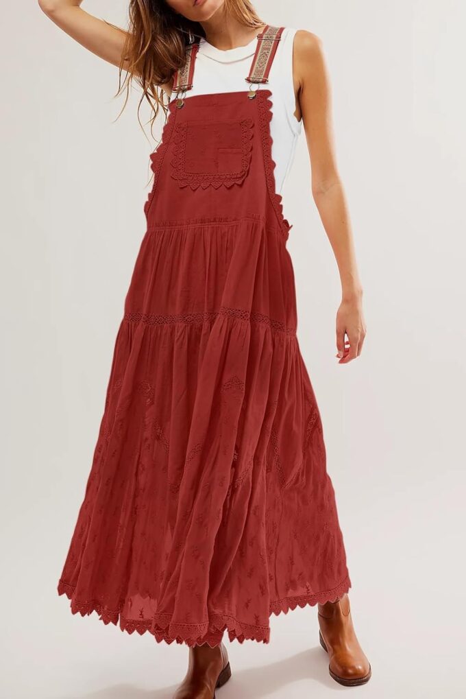 utcoco Women's Summer Laced Embroidered Tulle Bib Overall Dress Casual Loose Adjustable Straps Sleeveless Maxi Dress – Bild 3