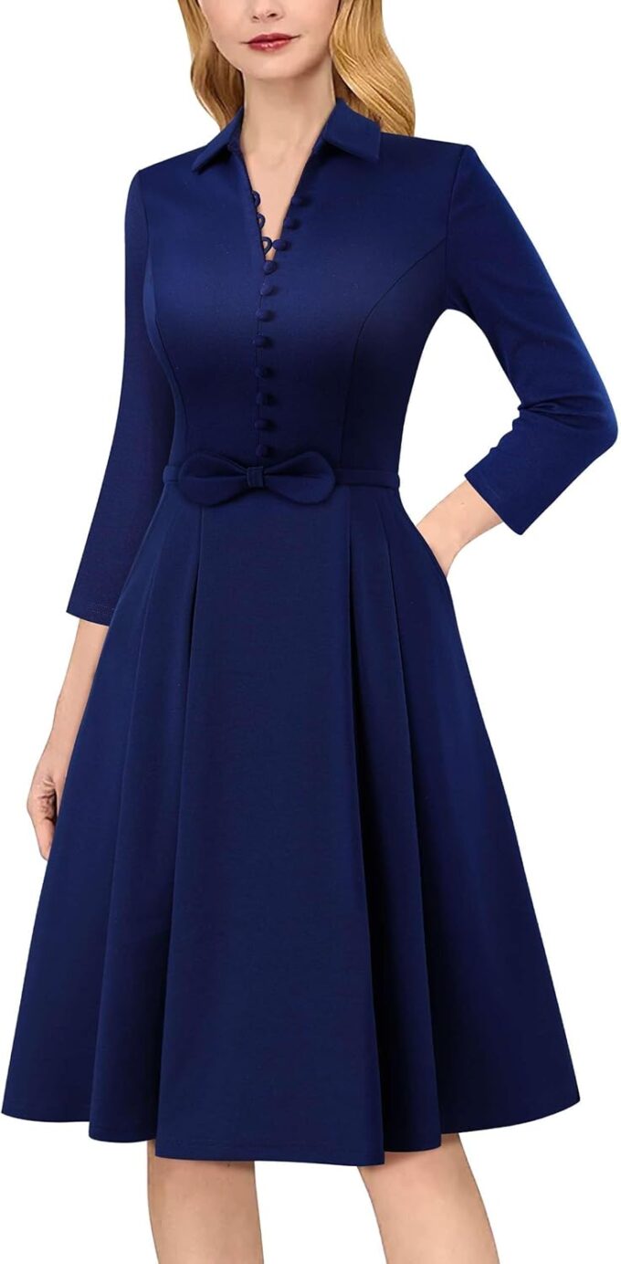 VFSHOW Damen 2024 Business Arbeit Büro Kragen V-Ausschnitt Schleife Gürtel Taschen Knöpfe Slim Vintage Fit und Flare A-Linie Kleid