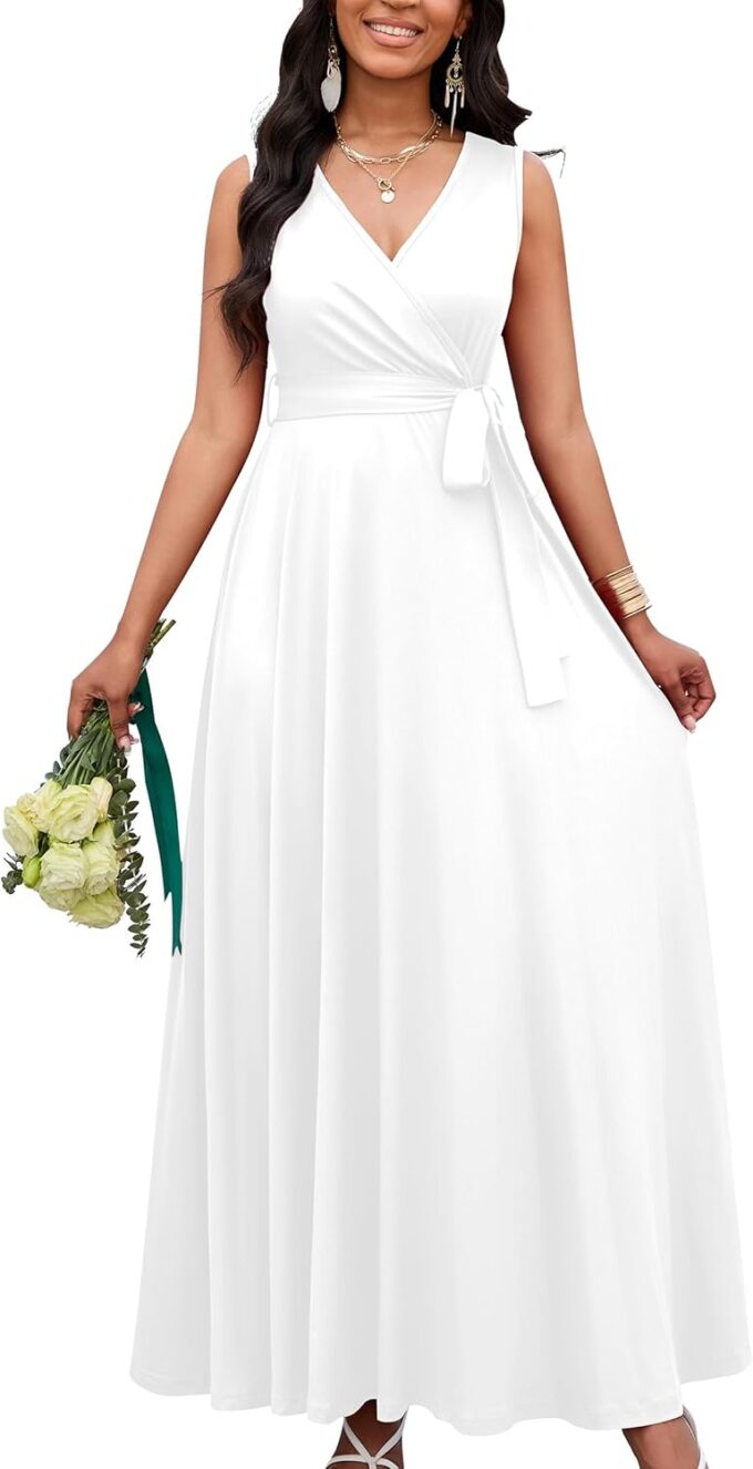 FANDEE Women Summer Semi-Formal Maxi Sleeveless Empire Waist V Neck A-Line Flowy Waist Belted Casual Vacation Cocktail Dress