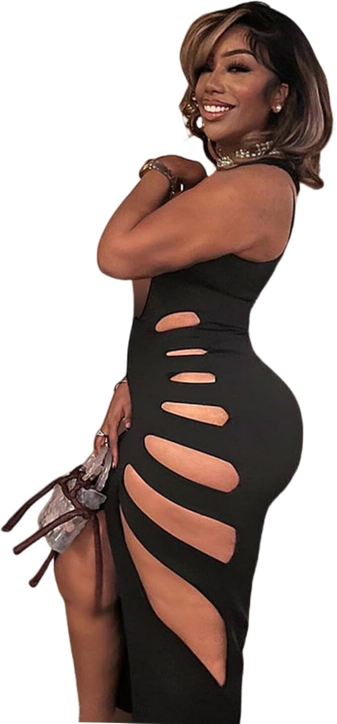 Women's Sexy Sleeveless Hollow Out Maxi Dress Tassel See Through Backless Bodycon Party Club Long Dress – Bild 2