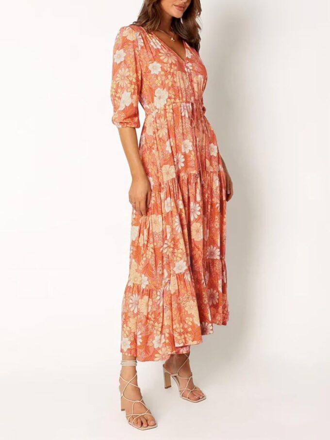 Women's Floral Print Maxi Long Dresses Deep V Neck Summer Beach Dress Half Sleeve A Line Flowy Dresses – Bild 2