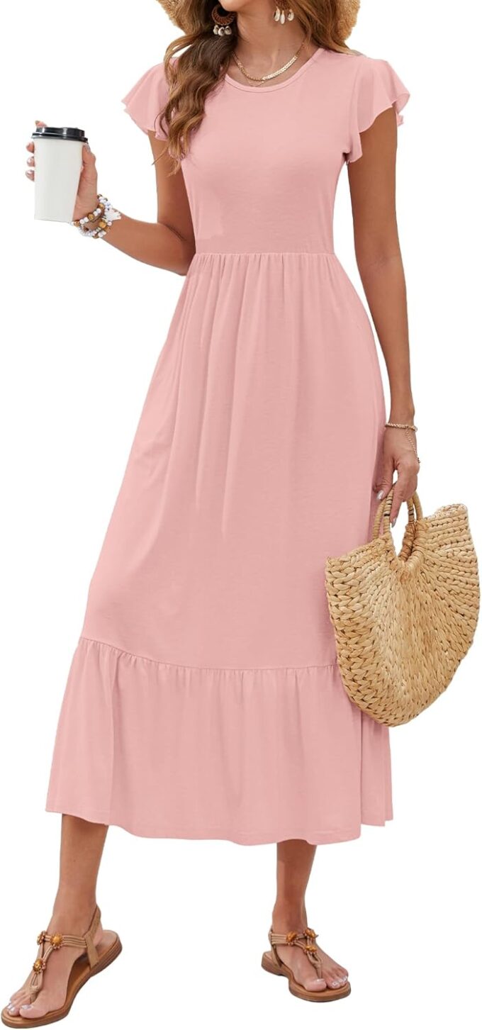AUSELILY Womens Summer Maxi Dresses 2025 Casual Ruffle Sleeve Crewneck Loose Flowy Tiered Beach Sundress with Pockets – Bild 2