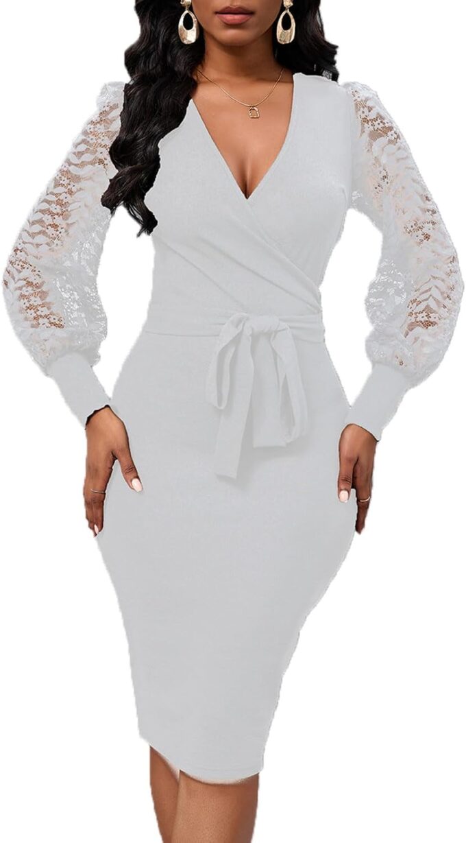 Womens Sexy Wrap V Neck Lantern Lace Long Sleeve Bodycon Midi Dress Semi Formal Cocktail Party Dresses – Bild 5