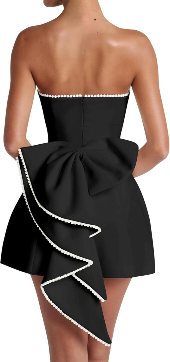 Azhong Women's Summer Sexy Strapless A-Line Sleeveless Mini Dress Off The Shoulder Backless Cute Pearl Bow Dress – Bild 3