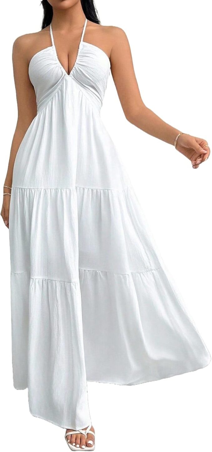 Narecte Women's Maxi Summer Dresses Halter V Neck Beach Dresses for Women A-Line Casual Dress for Vacation – Bild 2