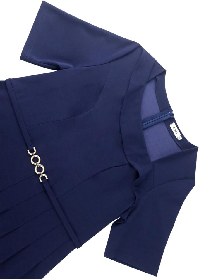 AOMEI Damen-Kleid, marineblau, unregelmäßiger Ausschnitt, kurze Ärmel, Schnalle, A-Linie, lässiges Arbeitskleid – Bild 6