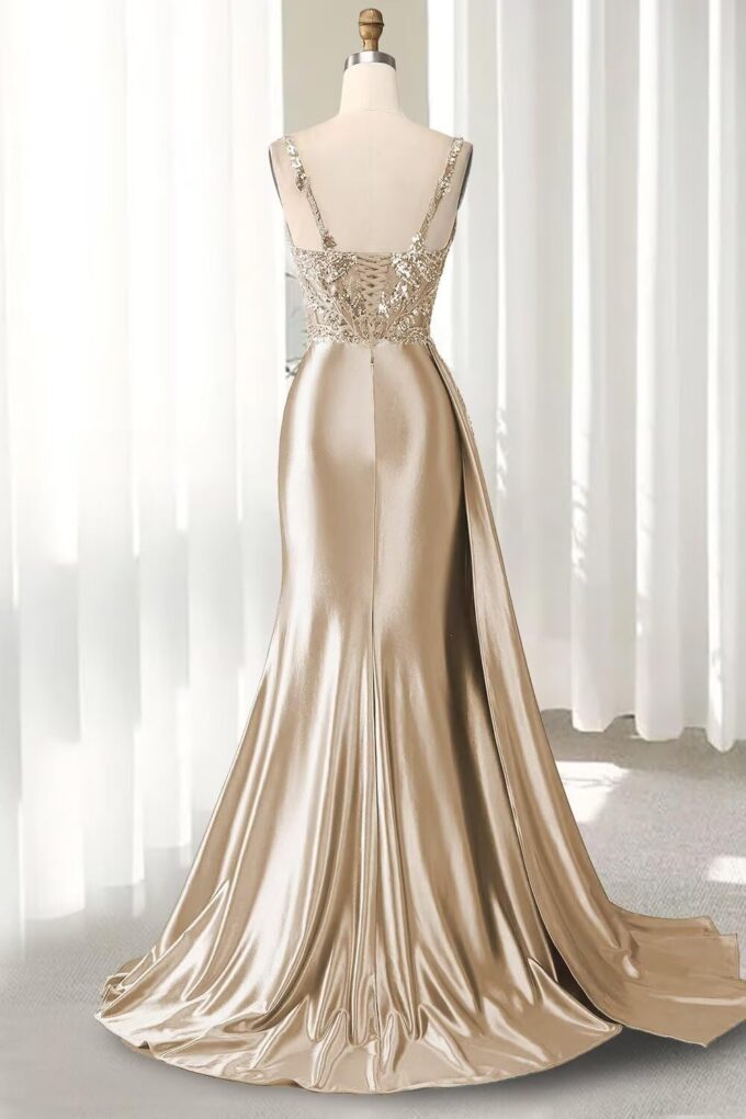 V Neck Satin Prom Dresses Long Mermaid Lace Evening Gown with Slit Pleated Bodycon Formal Dress with Tail – Bild 3