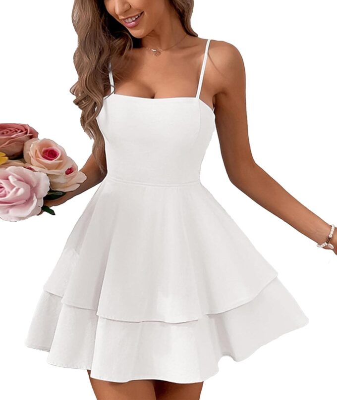 SEMATOMALA Women's Tie Back Spaghetti Strap Skater Mini Dress Tiered Ruffle Fit and Flared A Line Sexy Cute Short Party Dress