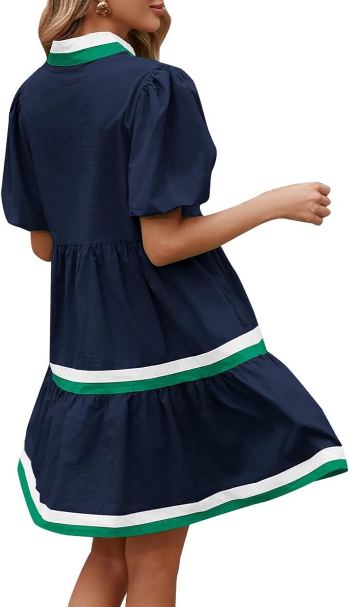 LifeShe Womens Puff Sleeve Babydoll Dress V Neck Navy Blue Striped Color Block Tiered Mini Dresses – Bild 3