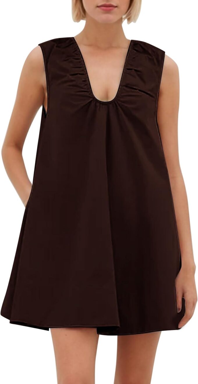 MISSACTIVER Women's Sleeveless Babydoll Tank Mini Dress Scoop Neck Ruched Short Dress with Pockets – Bild 2