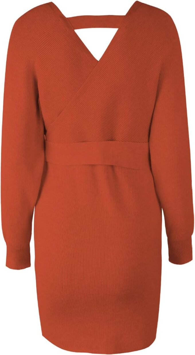 Mansy Women's Sexy Cocktail Batwing Long Sleeve Backless Mock Wrap Knit Sweater Mini Dress – Bild 7