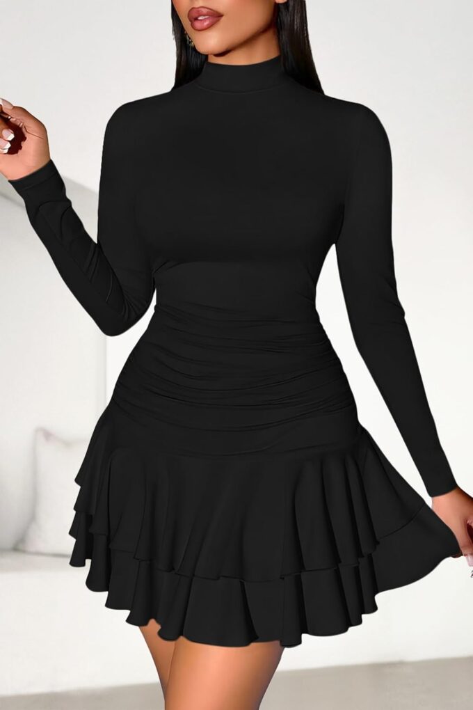 PRETTYGARDEN Women's Fall Long Sleeve Dresses 2025 Mock Neck Ruched Y2K Clothes Ruffle Layered Bodycon Mini Party Dress – Bild 7